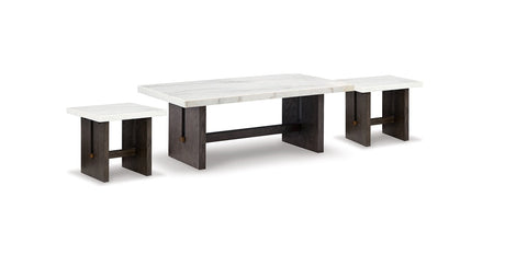 Burkhaus marble coffee table with rectangular natural marble top and dark brown oak finish