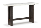 Burkhaus Mable Sofa Table angled view highlighting wood finish and brass stretcher