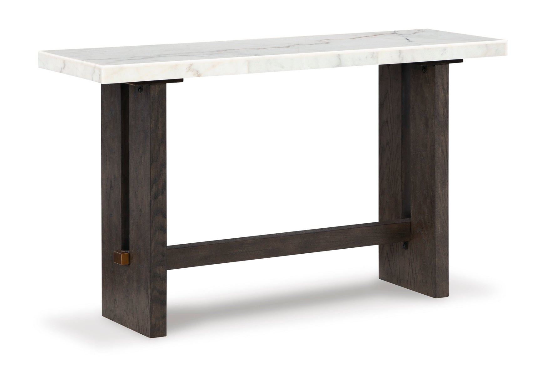 Burkhaus Mable Sofa Table angled view highlighting wood finish and brass stretcher
