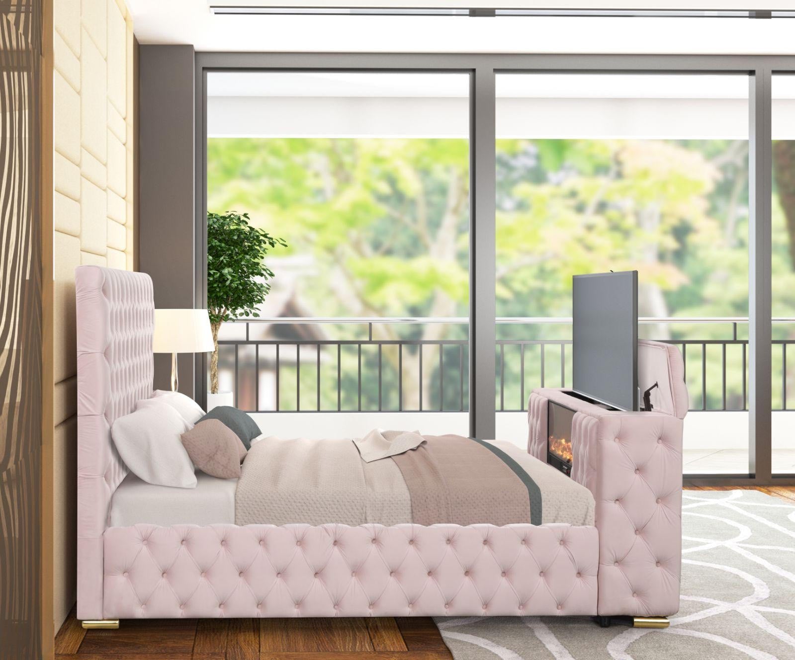 Side view of Future Pink Velvet Platform Bed showcasing velvet texture