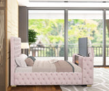 Close-up of pink velvet upholstery on Future platform bed