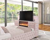 Bluetooth speaker controls on Future pink velvet platform bed