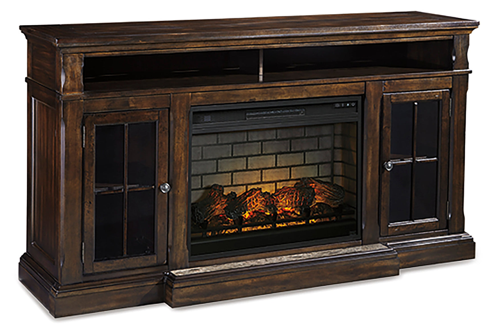 W701-88 TV stand with fireplace, side view