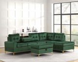 Side view of Anserra Green velvet sectional sofa showing drop-down table and copper holders