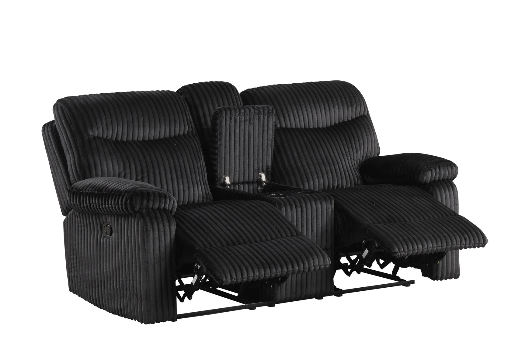 Black fabric loveseat reclined position