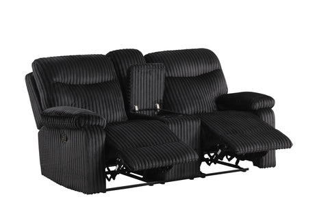 Black fabric loveseat reclined position