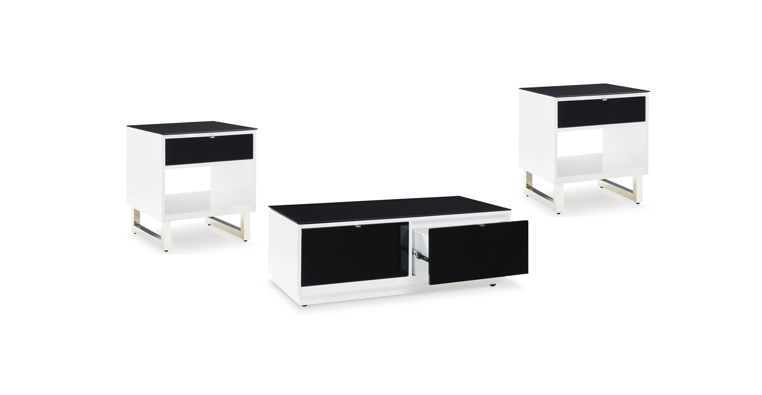 Cocktail table close-up with black glass top and drawers