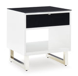End table showing chrome-tone legs and open shelf