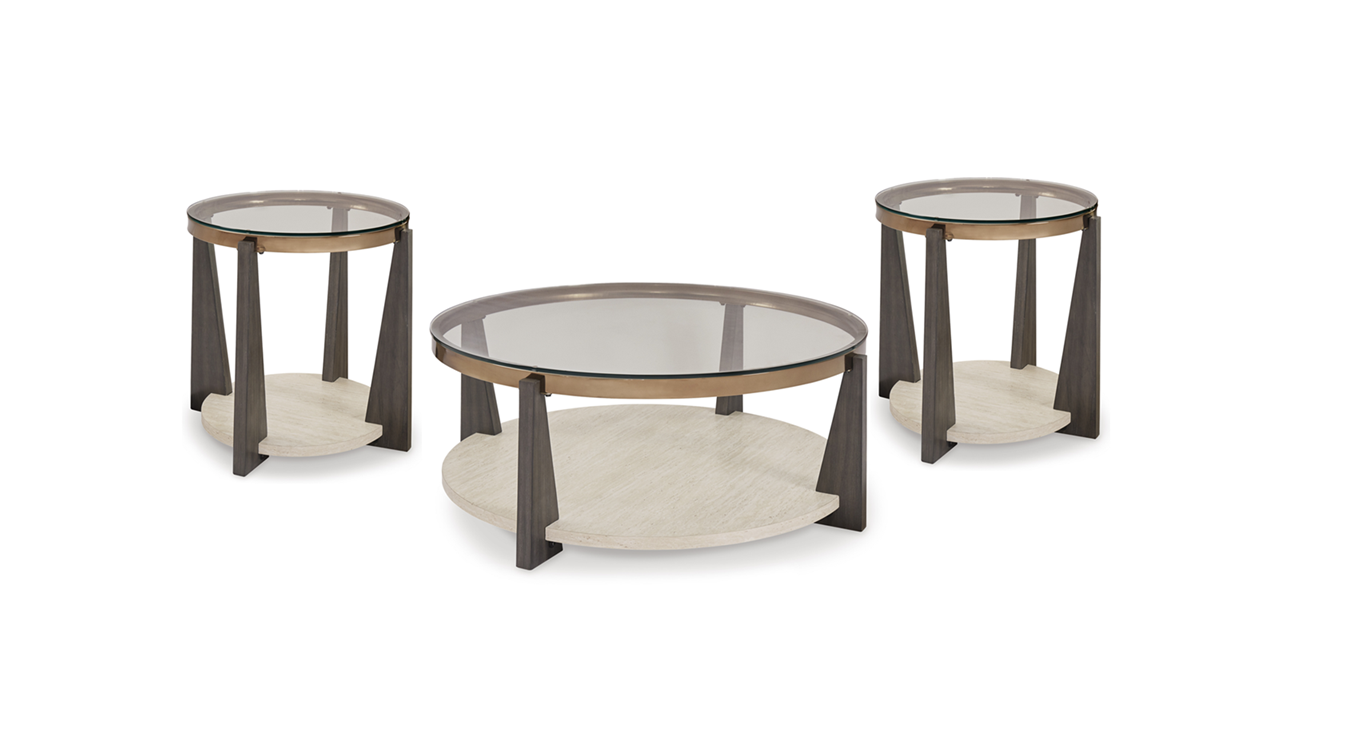 Close-up of gold-tone metal frame and wood-tone legs