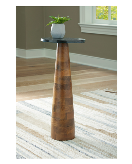 Quinndon accent table with black marble top, side angle showing wood strip base
