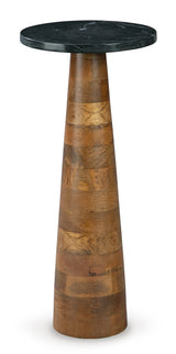 Top view of Quinndon medium brown accent table with natural marble veining