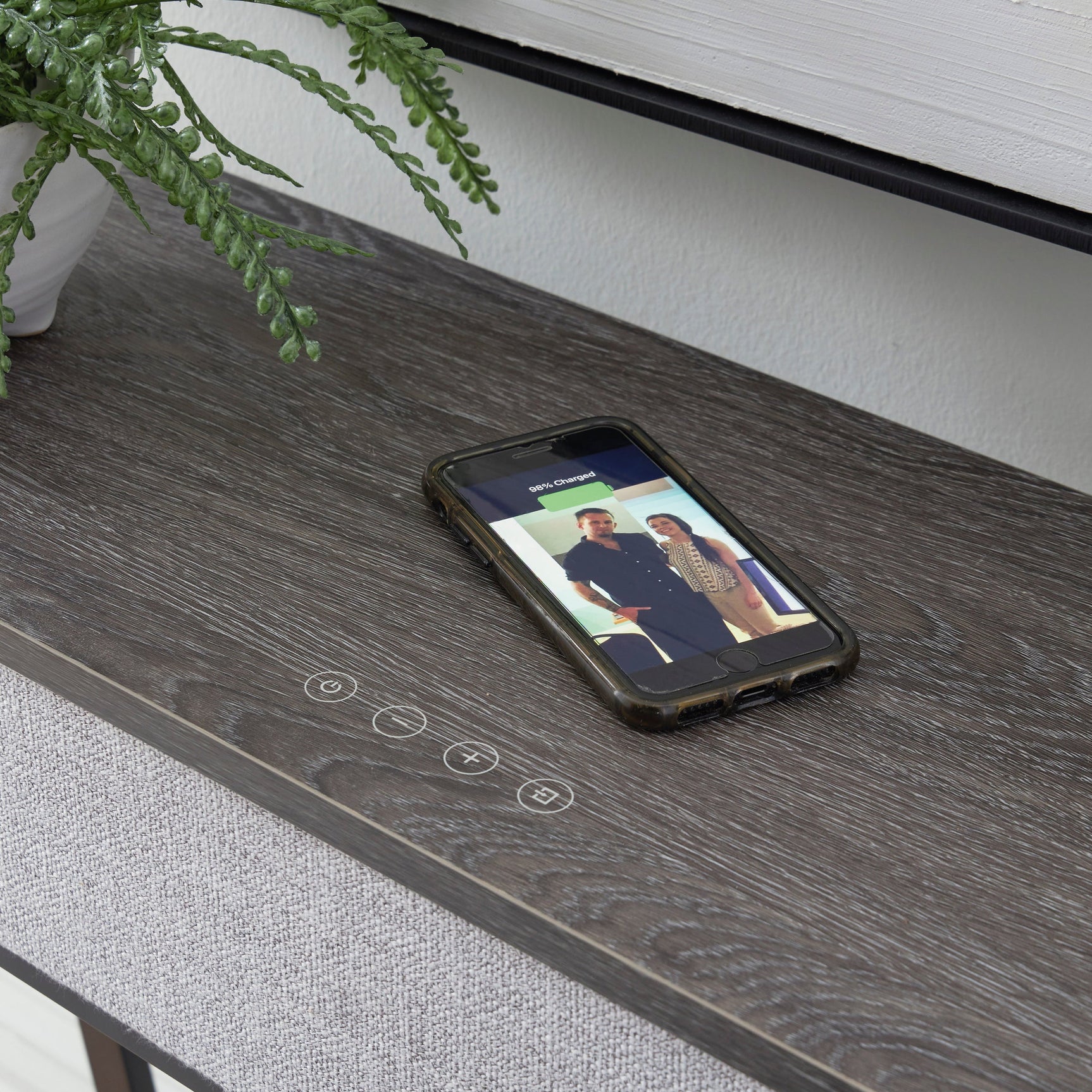 Side view of Sethlen Console Sofa Table showing metal frame and polyester fabric sides