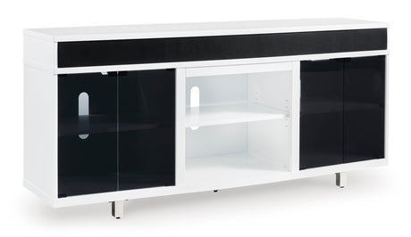 Side angle of W756-68 TV stand showing storage area