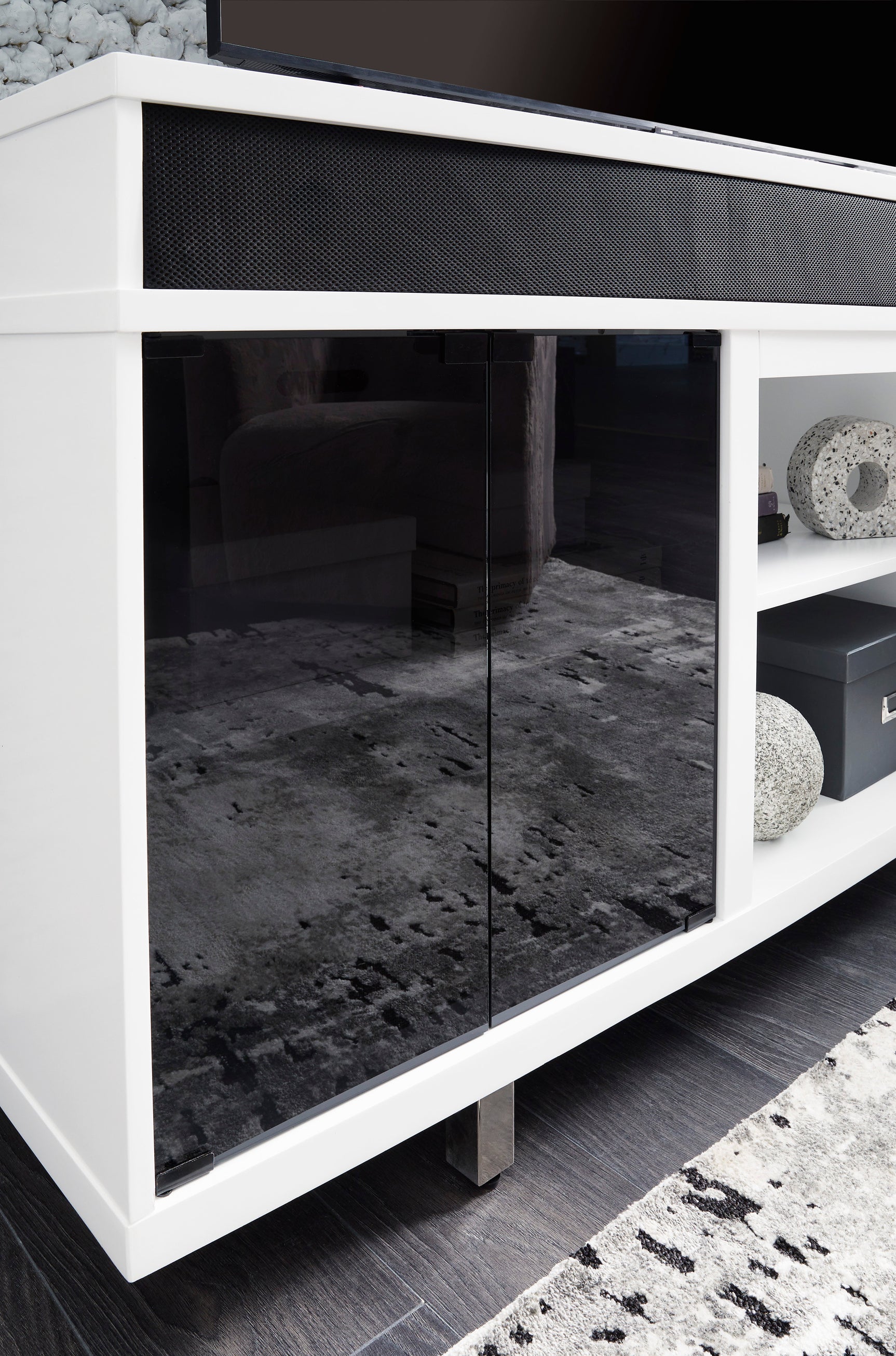 Close-up of W756-68 TV stand materials and finish