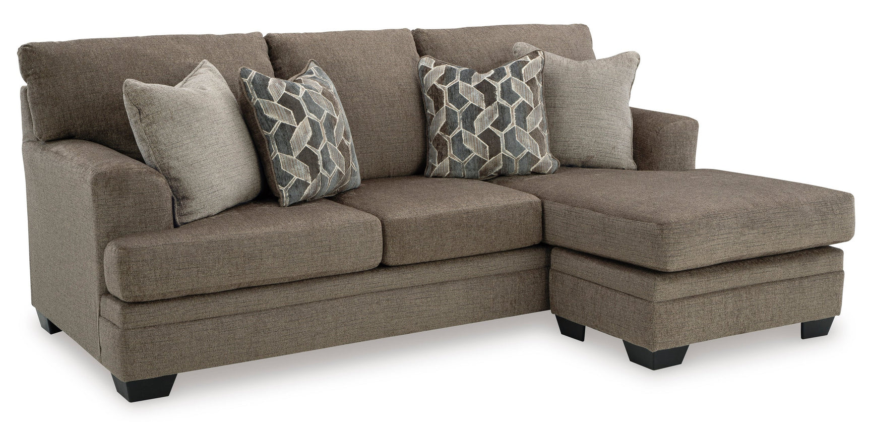 side view of Stonemeade sectional sofa showing reversible chaise in nutmeg polyester