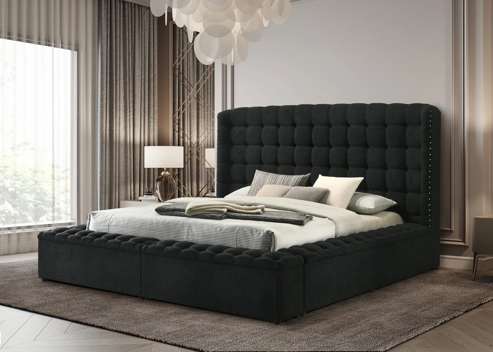 Close-up of black boucle upholstery on Madonna platform bed