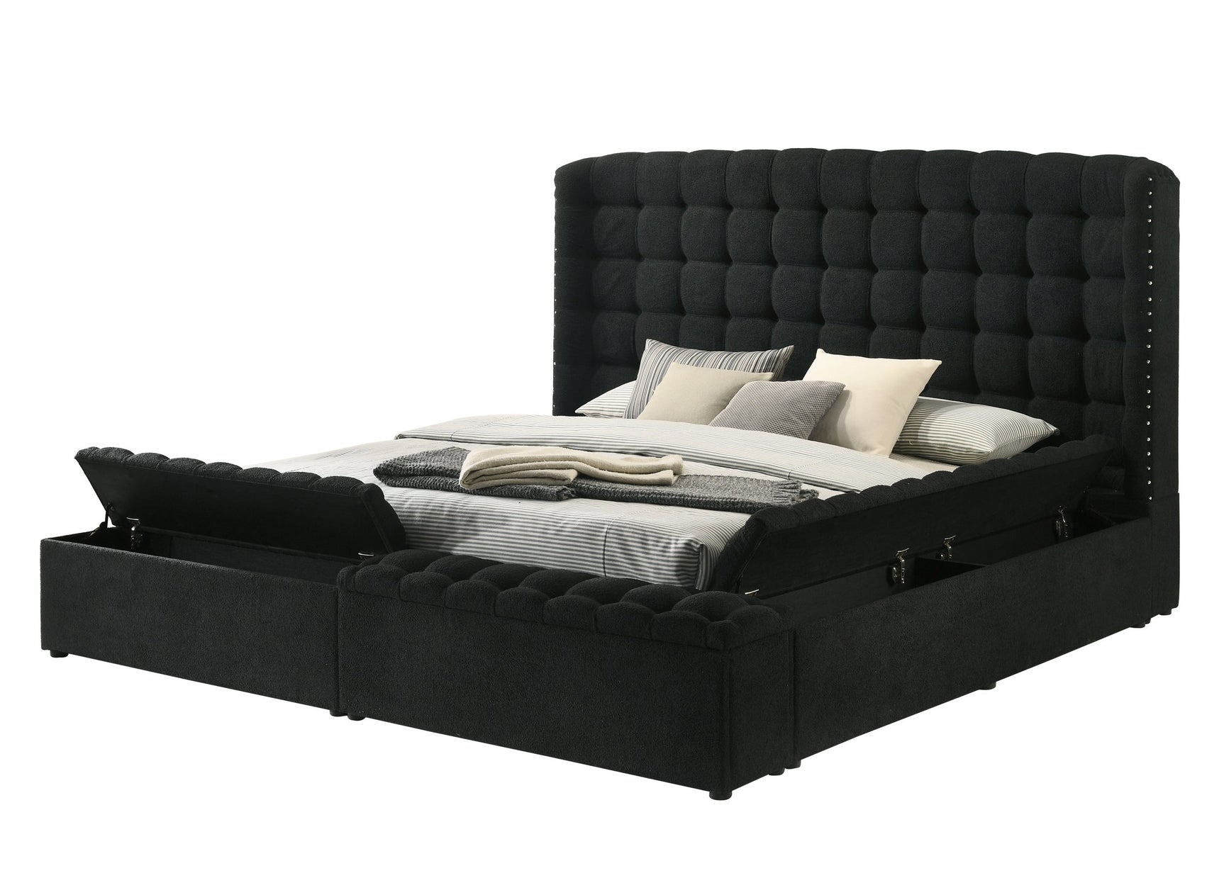 Madonna Black King Upholstered Bed Side Angle With Storage Drawers