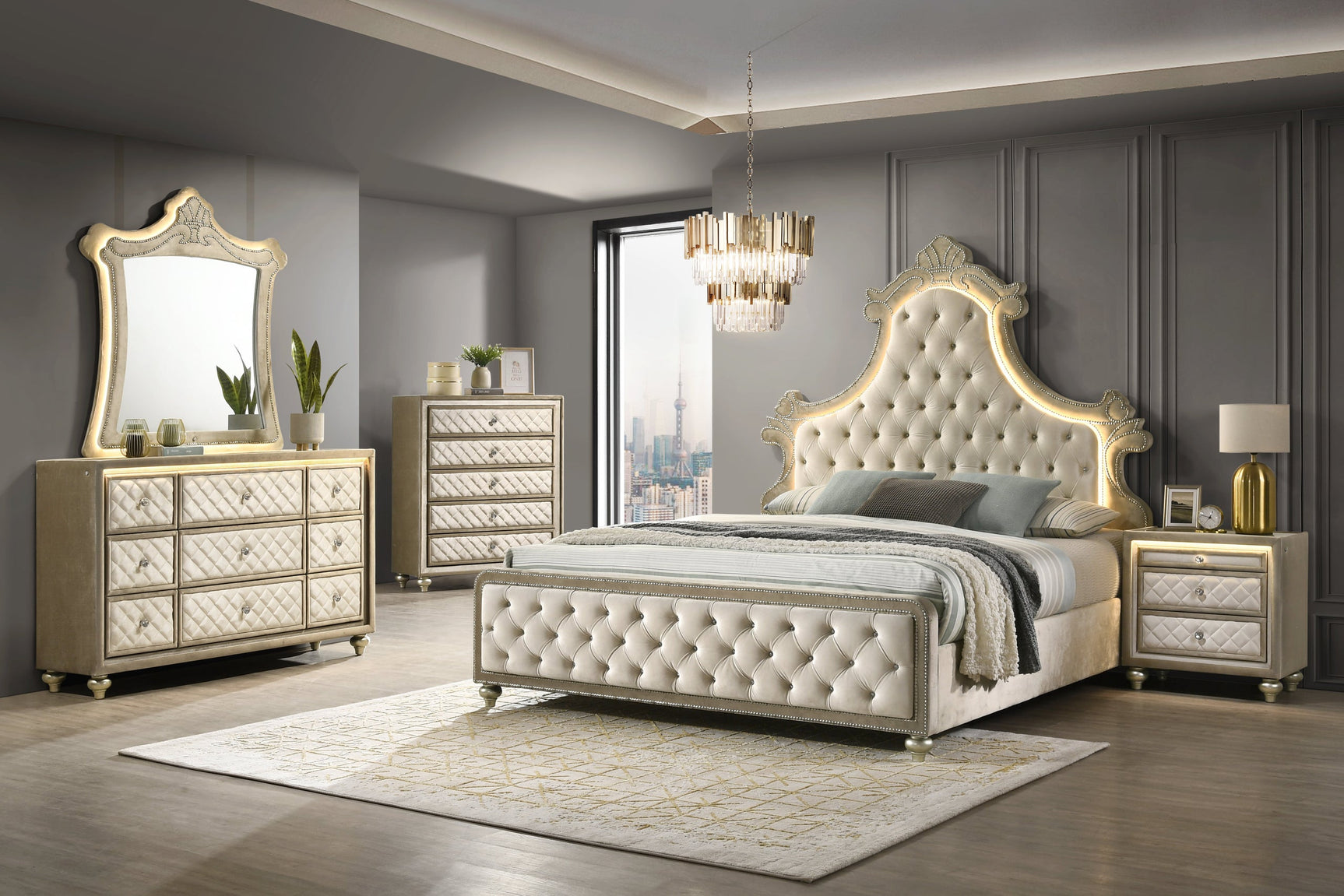 Side view of Majesty Beige LED Upholstered Tufted Panel Bedroom Set bed