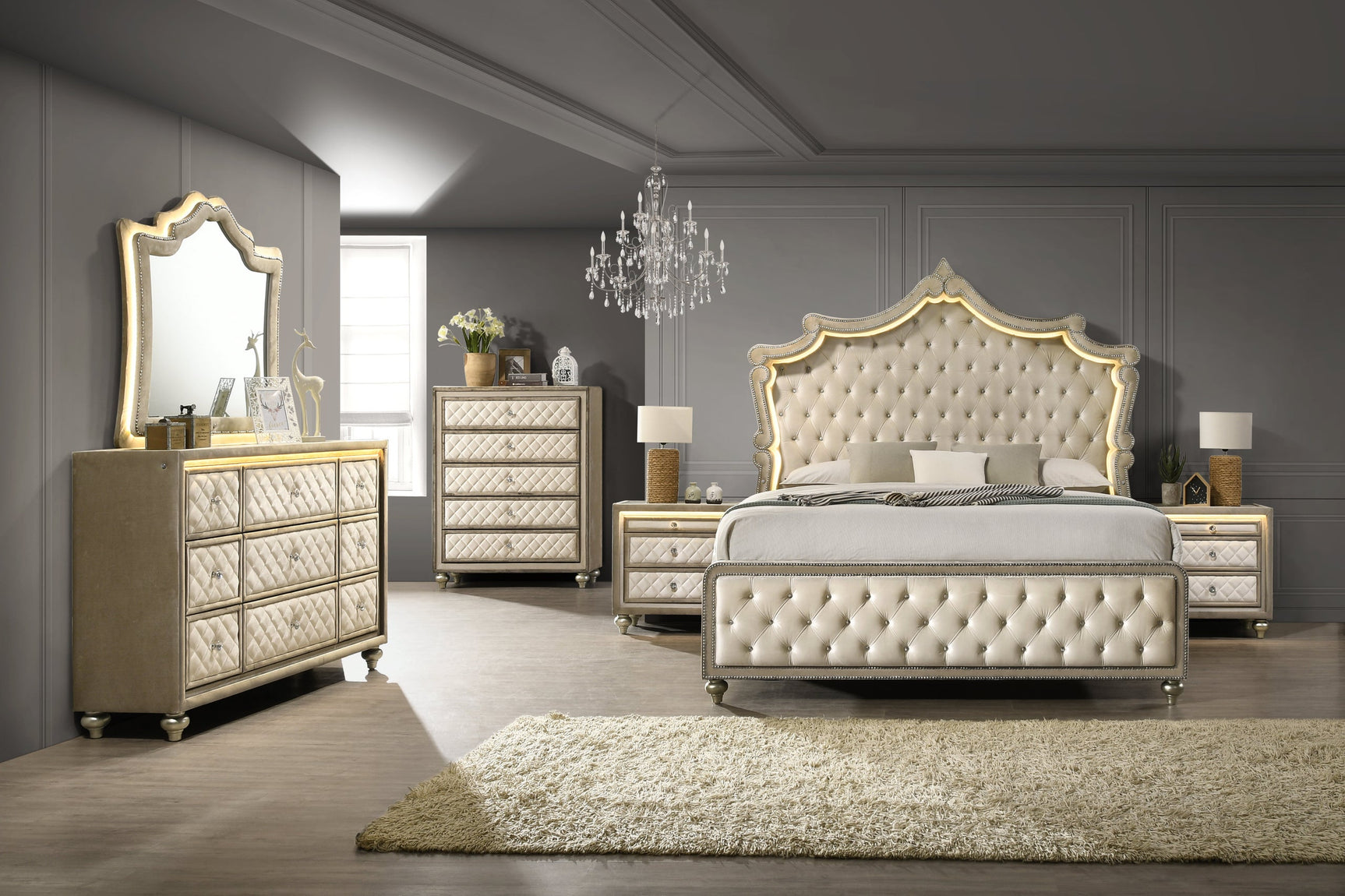 Kingdom Beige LED Upholstered Tufted Panel Bedroom Set side view