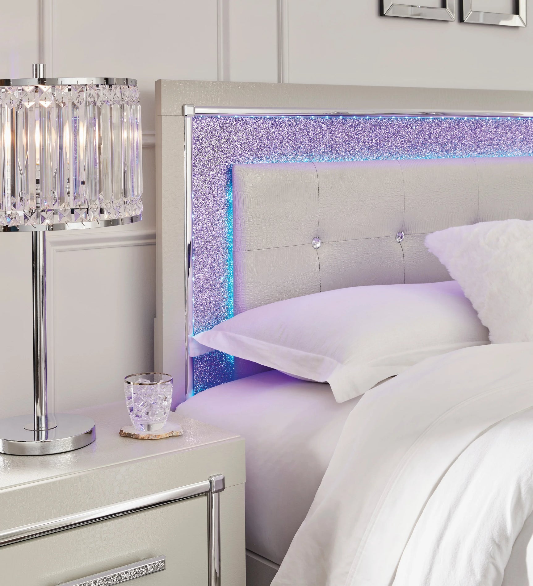 Zyniden Silver Upholstered LED Panel Bedroom Set side view of bed