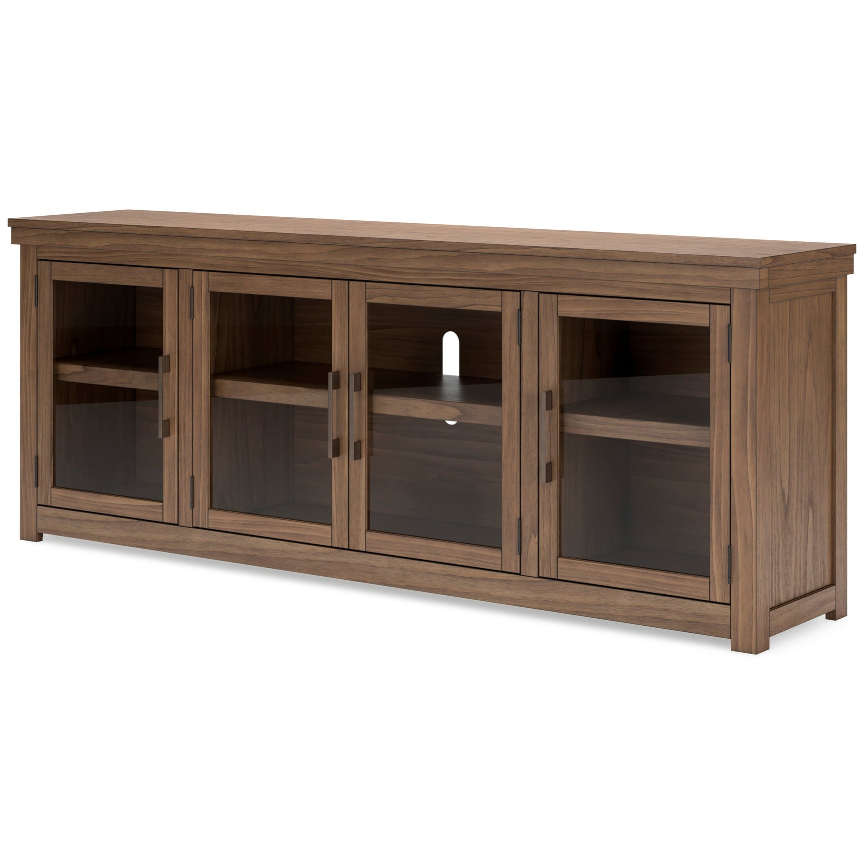 W738-78 TV stand with open glass doors and adjustable shelving