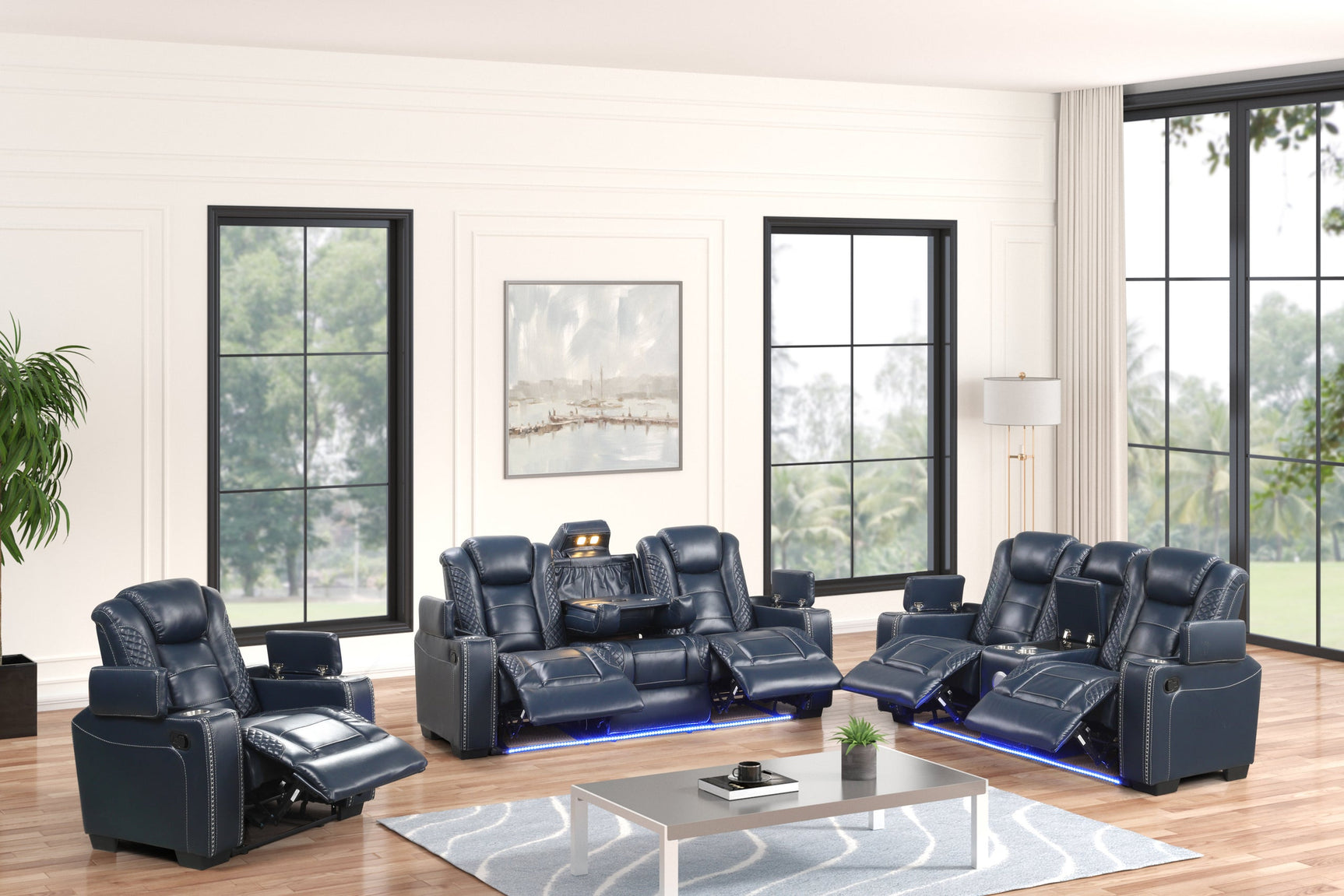 Side angle of Stefano40 reclining sofa showing drop down table