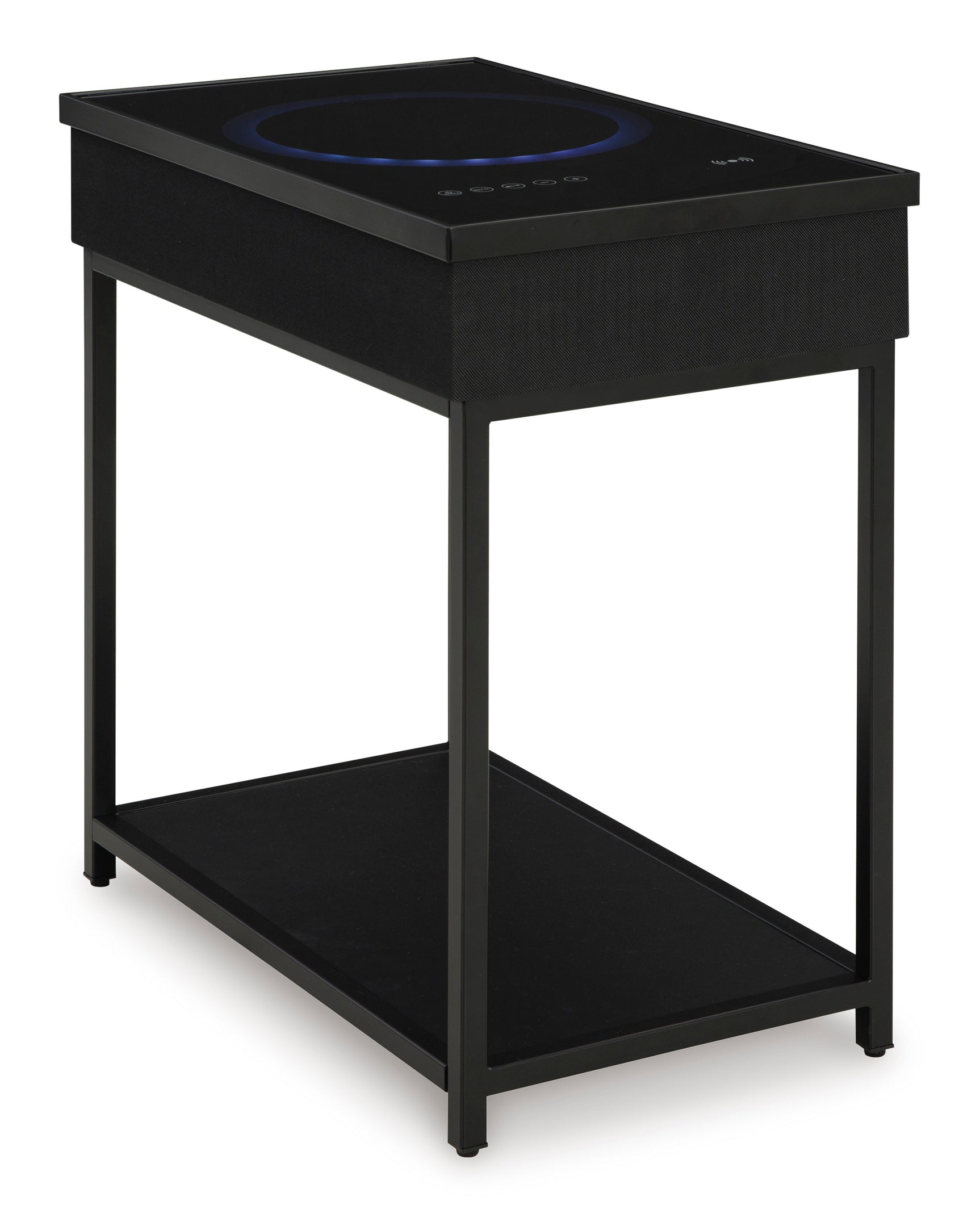 Side angle of Gemmet accent table with speaker and fixed lower shelf