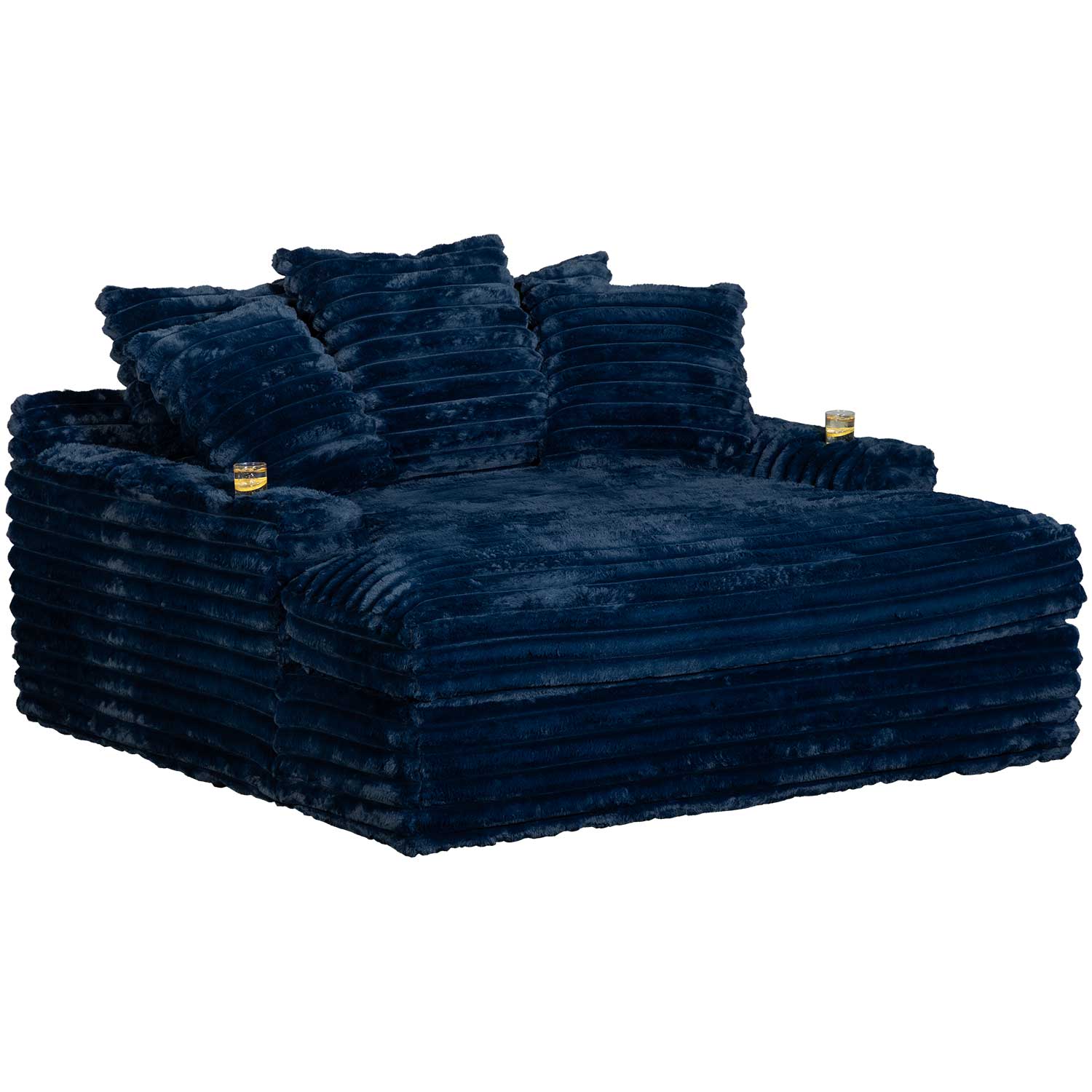 Side view of Quinn Navy Chaise Lounge highlighting USB ports and armrest detail