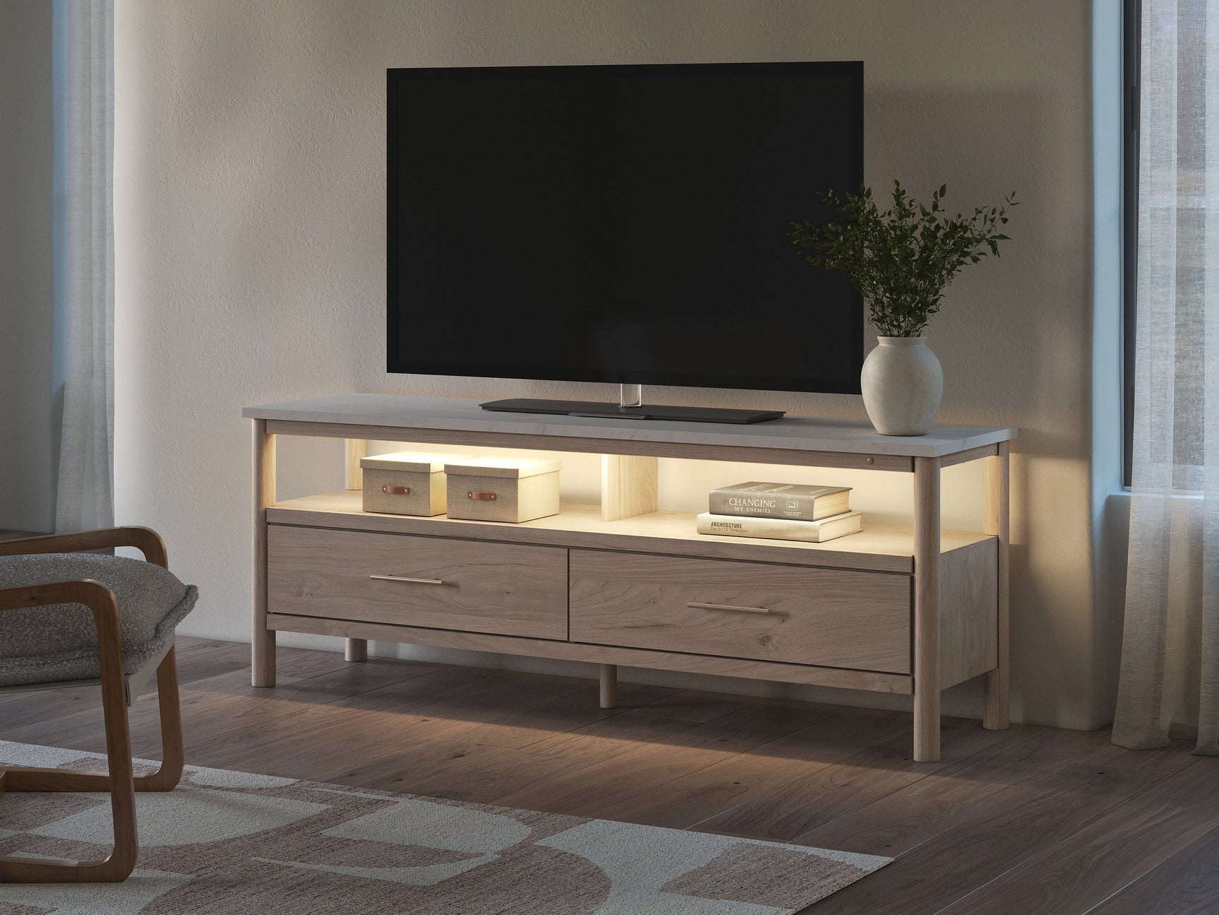 W2615-68 TV Stand side angle showing marble top