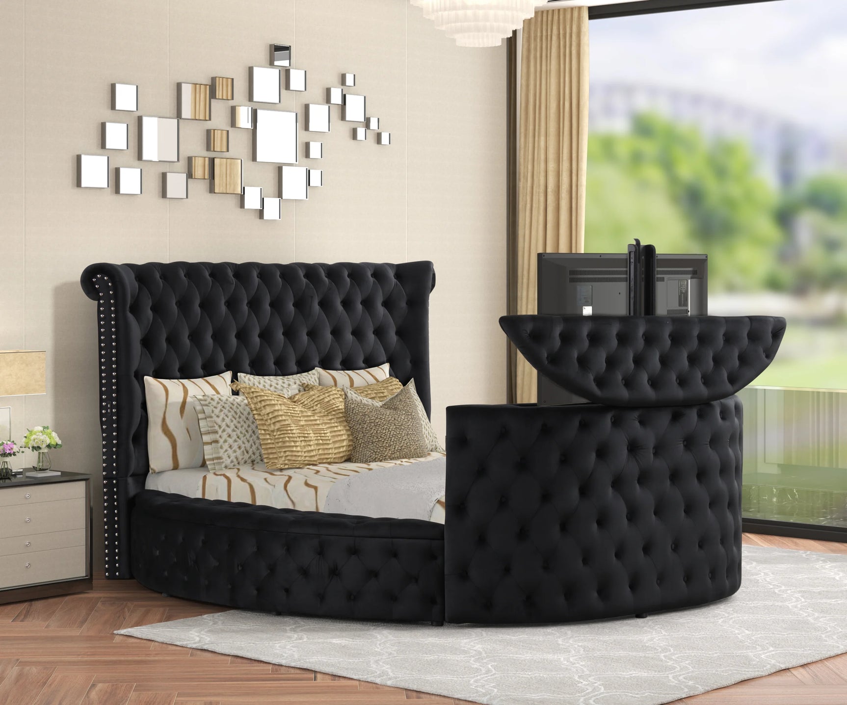 Close-up of plush black velvet upholstery on Patron king platform bed