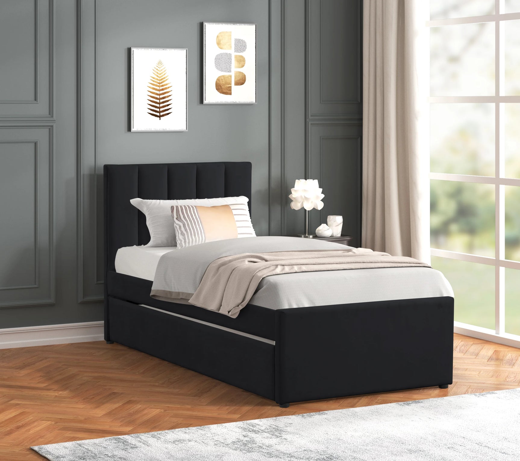Maya Black Twin Velvet Platform Bed with Trundle trundle pulled out