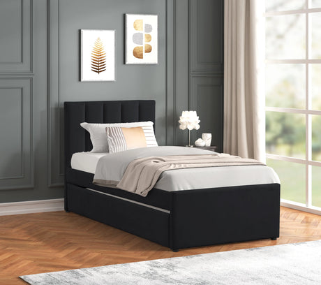 Maya Black Twin Velvet Platform Bed with Trundle trundle pulled out