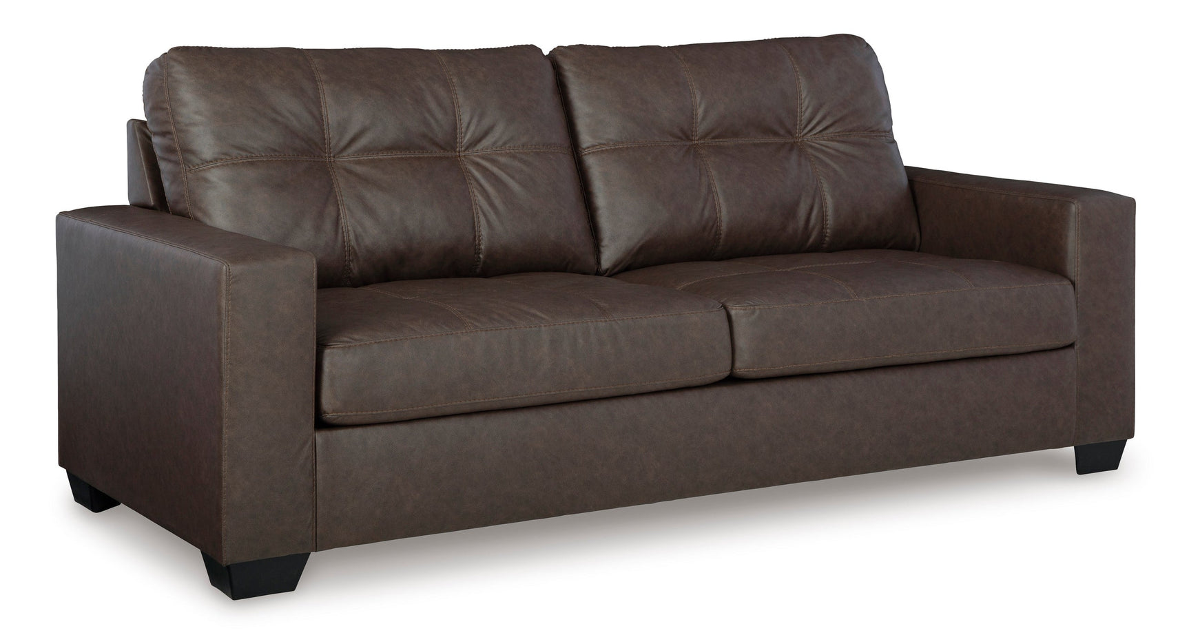 Side view of Vivi Brown brown faux leather sofa and loveseat set
