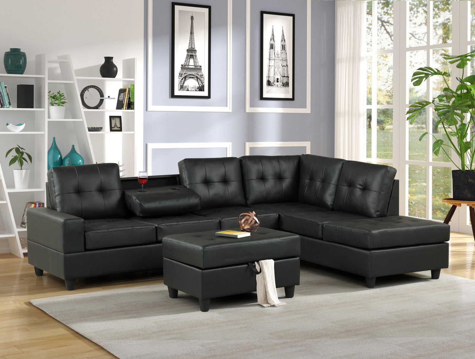 main view of Heights Black Faux Leather Tufted Reversible Sectional Ottoman Set sectional sofa