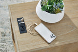 Top view of Bom light brown side end table with power outlet and USB ports