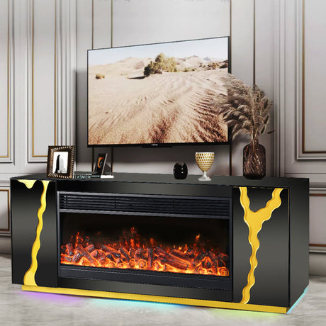 Front view of A804 black TV stand with electric fireplace and LED lights