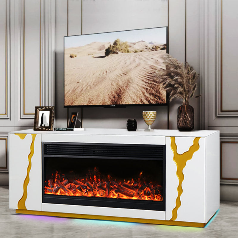 Close-up of electric fireplace feature on A904 white TV stand