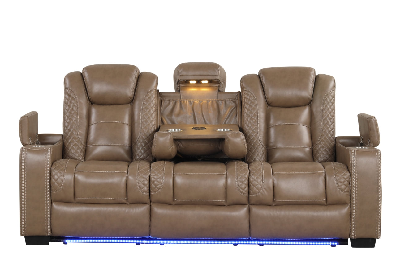 Reclining chair view showing LED lights under footrest