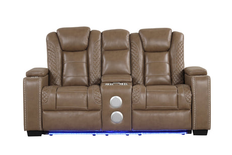 Side angle of Stefano reclining loveseat with storage compartment