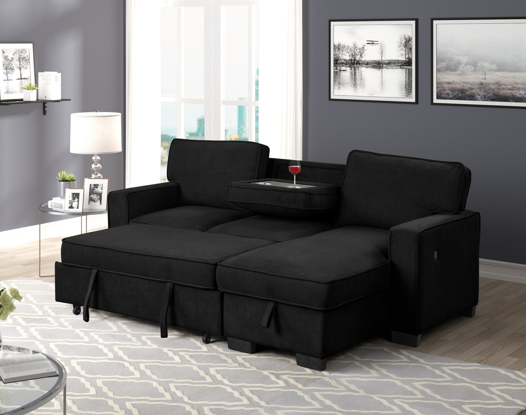 Side view of Marcos Black Sectional Sofa showcasing USB ports