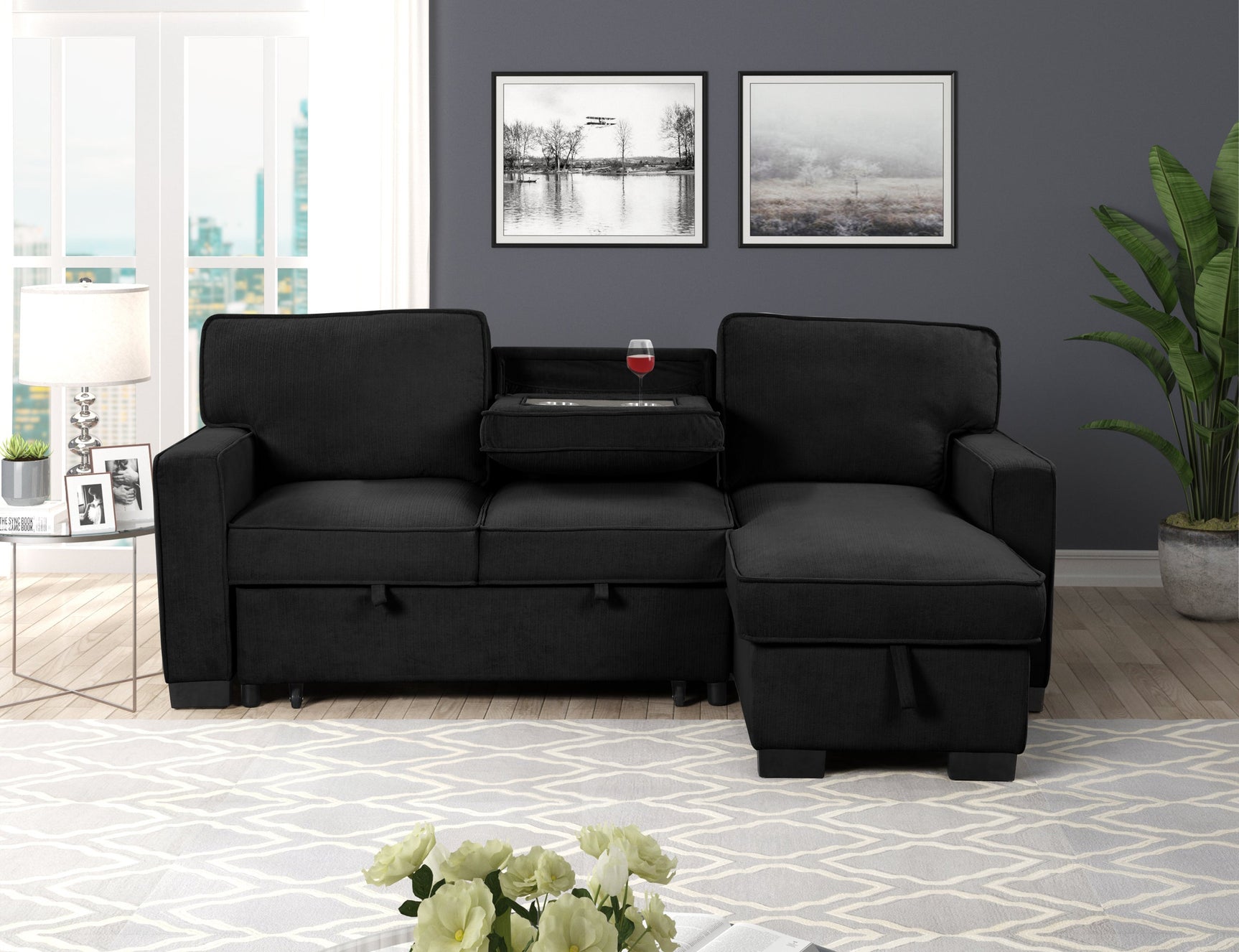 Close-up of Marcos Black Sectional Sofa drop-down table and cupholders