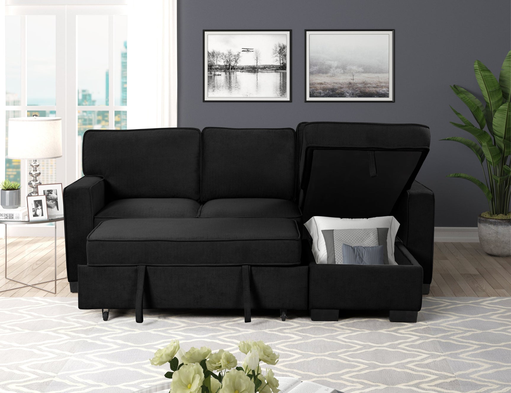 Room view with Marcos Black Sectional Sofa in a living space