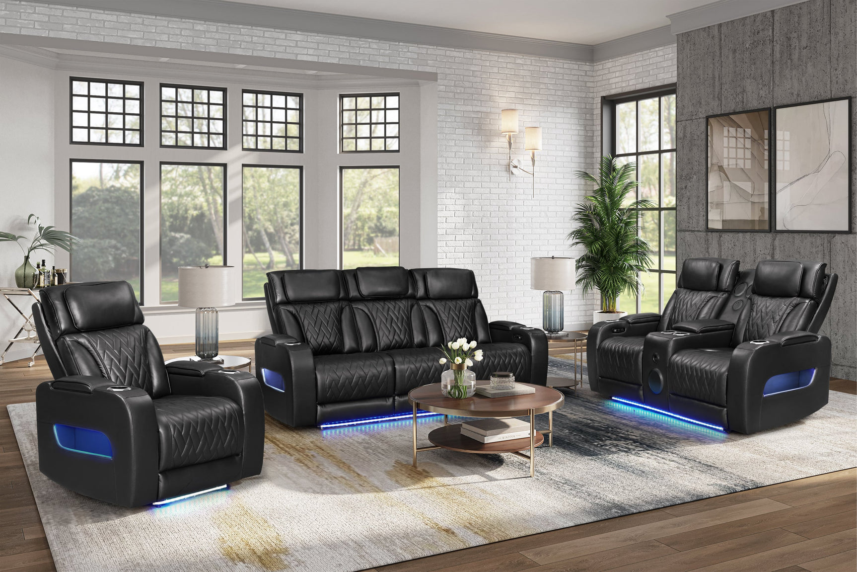 Dubai black sofa with power recliner footrest extended