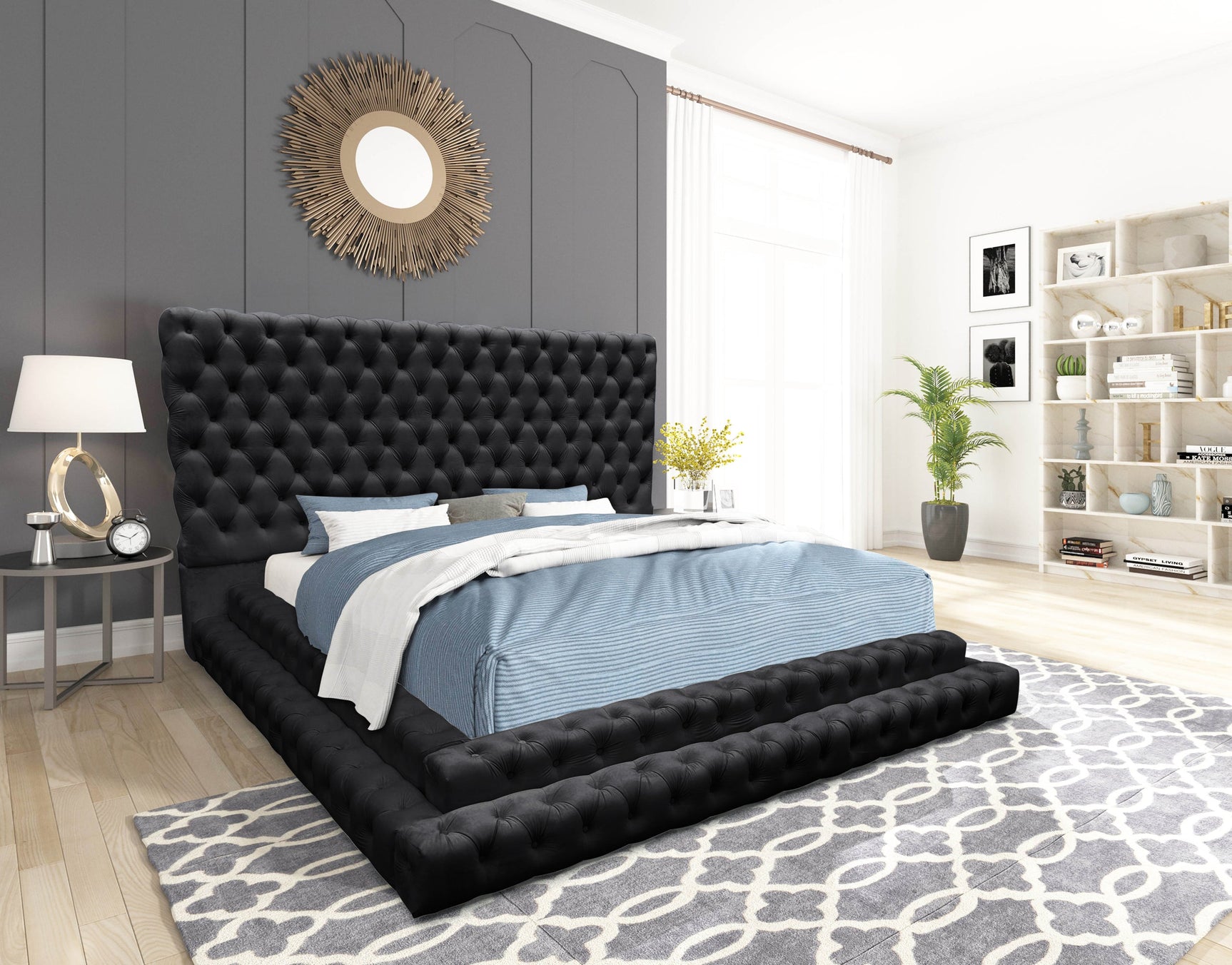 Close-up of Kiki bed tufted headboard in black velvet