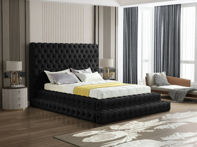 Kiki black velvet tufted upholstered platform bed angled view