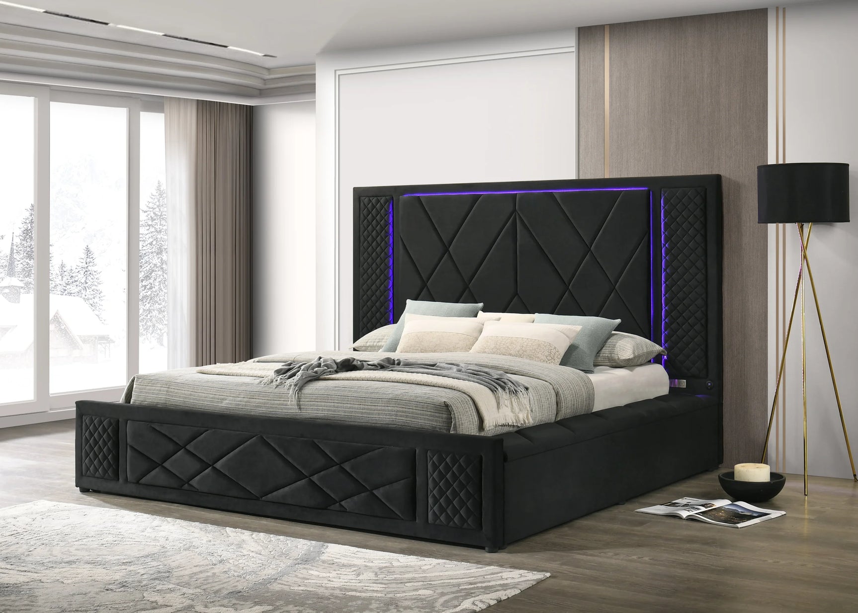 Side angle of Lorenzo black velvet platform bed showing LED headboard lighting