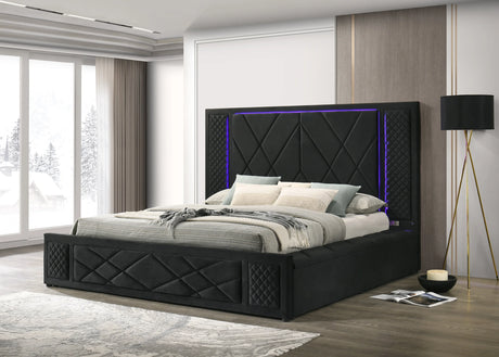Side angle of Lorenzo black velvet bed showing storage side rails and LED lighting