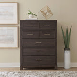 Bedroom view of Ree Cafe Upholstered Panel Bedroom Set showing bed and nightstand