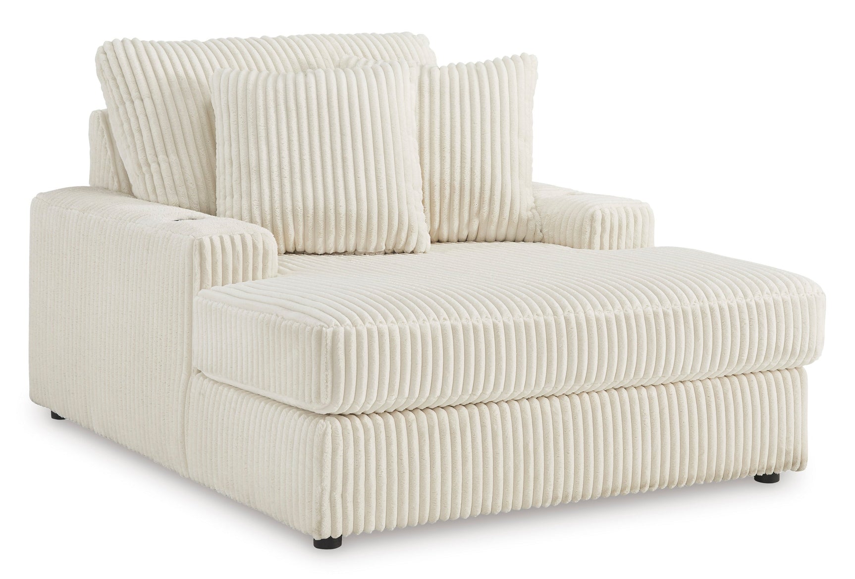 Side view of Lindyn Ivory Chaise highlighting USB charging port
