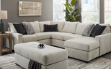 Close-up detail of stone fabric upholstery on Behold Gray Sectional